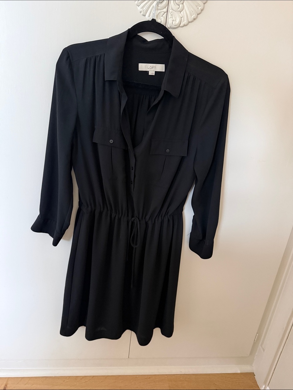 LOFT Black Long Sleeve Shirt Dress with Drawstring Waist